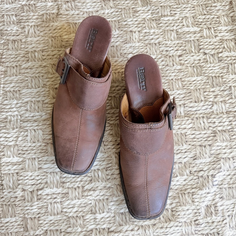 Born Crown Brown Leather Mule ClogsWomens Heeled Shoes Buckle Strap Slip Sz 8